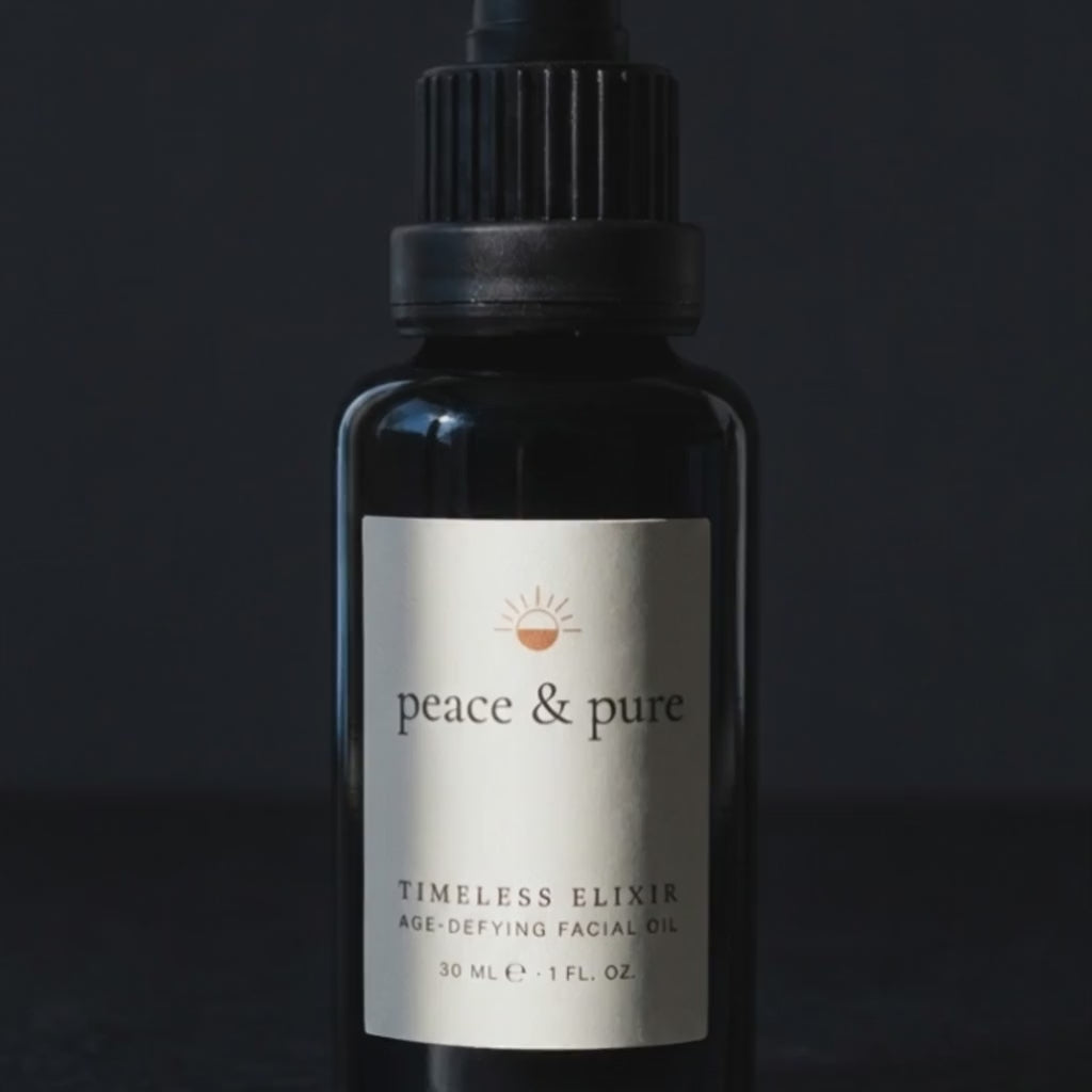 Light passing over the black glass of the Timeless Elixir bottle