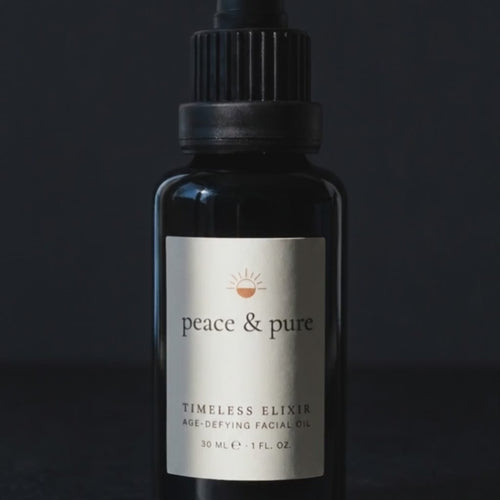 Light passing over the black glass of the Timeless Elixir bottle