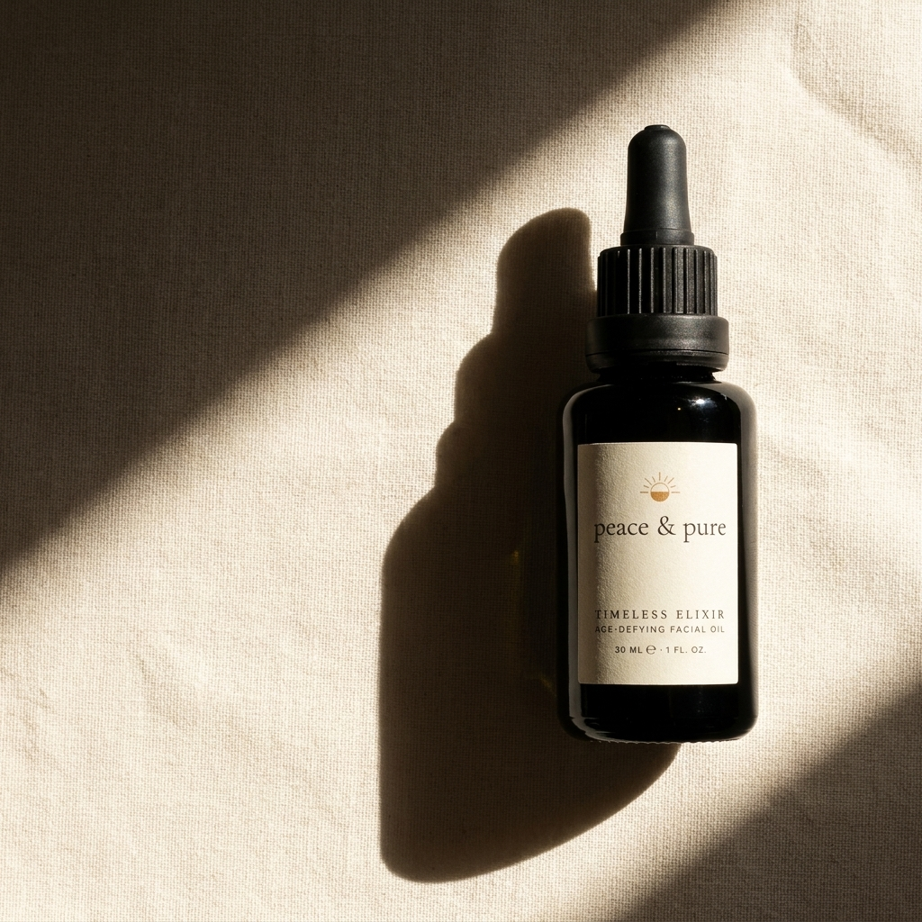 Timeless Elixir bottle in morning light on cream linen