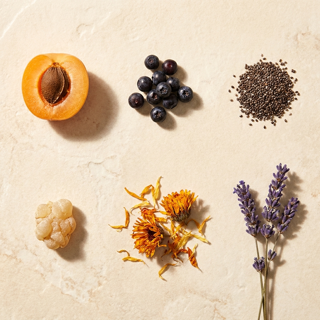 Botanicals from the formula — apricot, bilberries, chia, frankincense, calendula and lavender