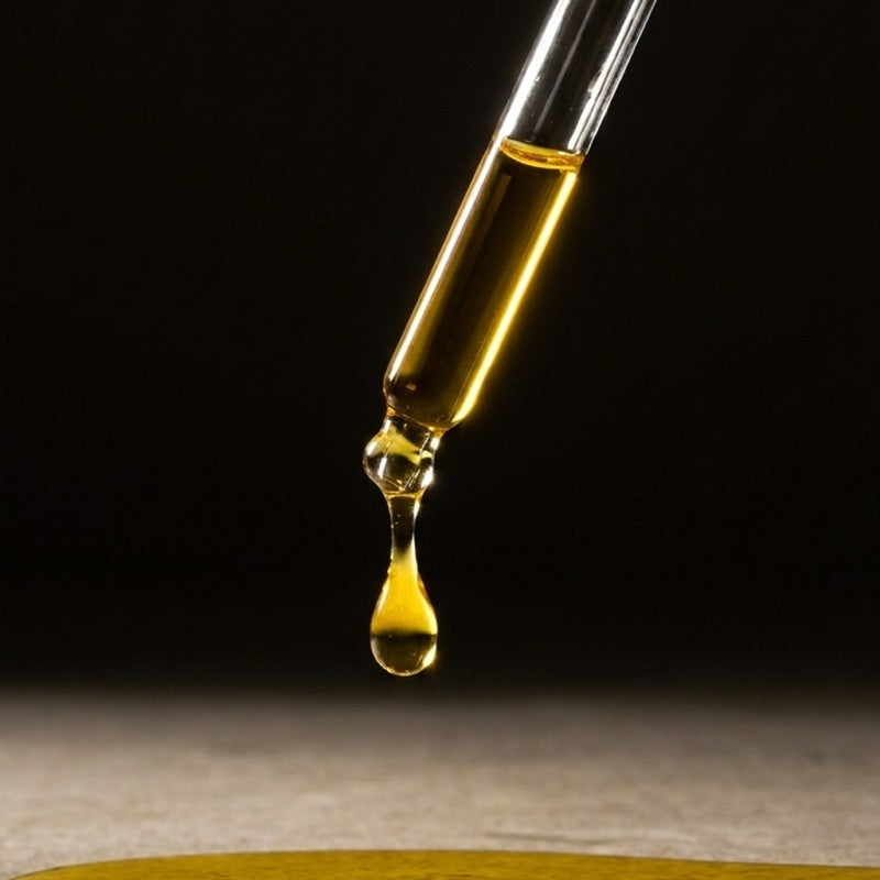 A golden drop of Timeless Elixir falling from the glass dropper