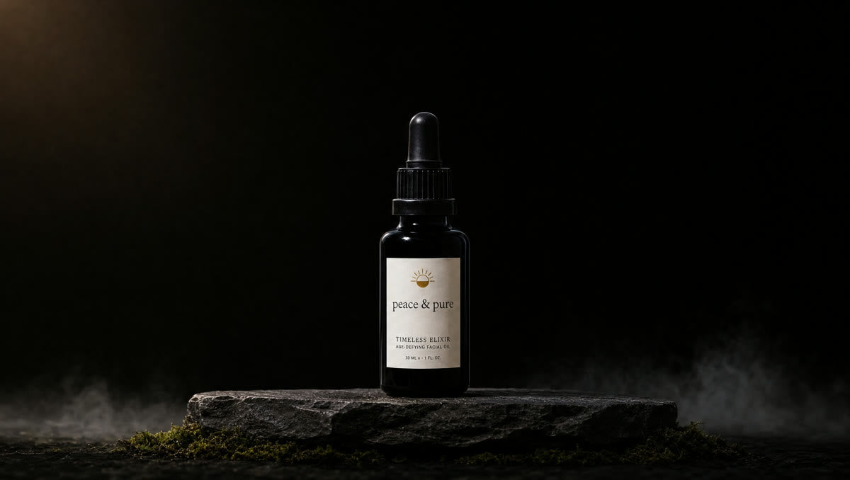 Timeless Elixir — black glass bottle with cream apothecary label, standing on dark stone in low light